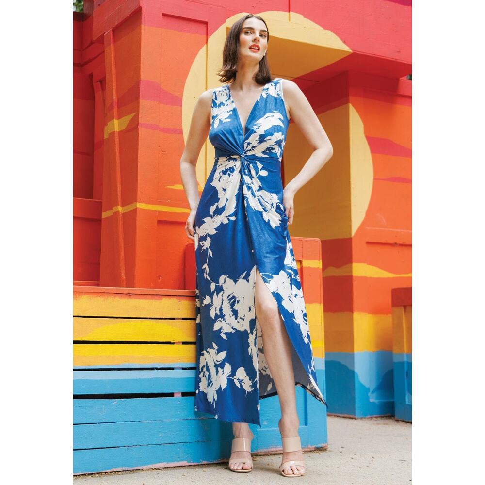 Clara Sunwoo Floral‎ Silky Crushed Knit V-Neck Maxi Dress Large Twist Knot Front